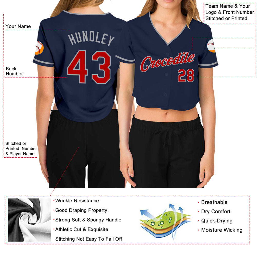 Personalized Women's Navy Red-Gray V-Neck Cropped Baseball Jersey Team Custom Name and Number Custom Name and Number Womens V-Neck Baseball Jersey in Navy Red-Gray, Personalized Cropped Design Personalized Women's Navy - Image 3