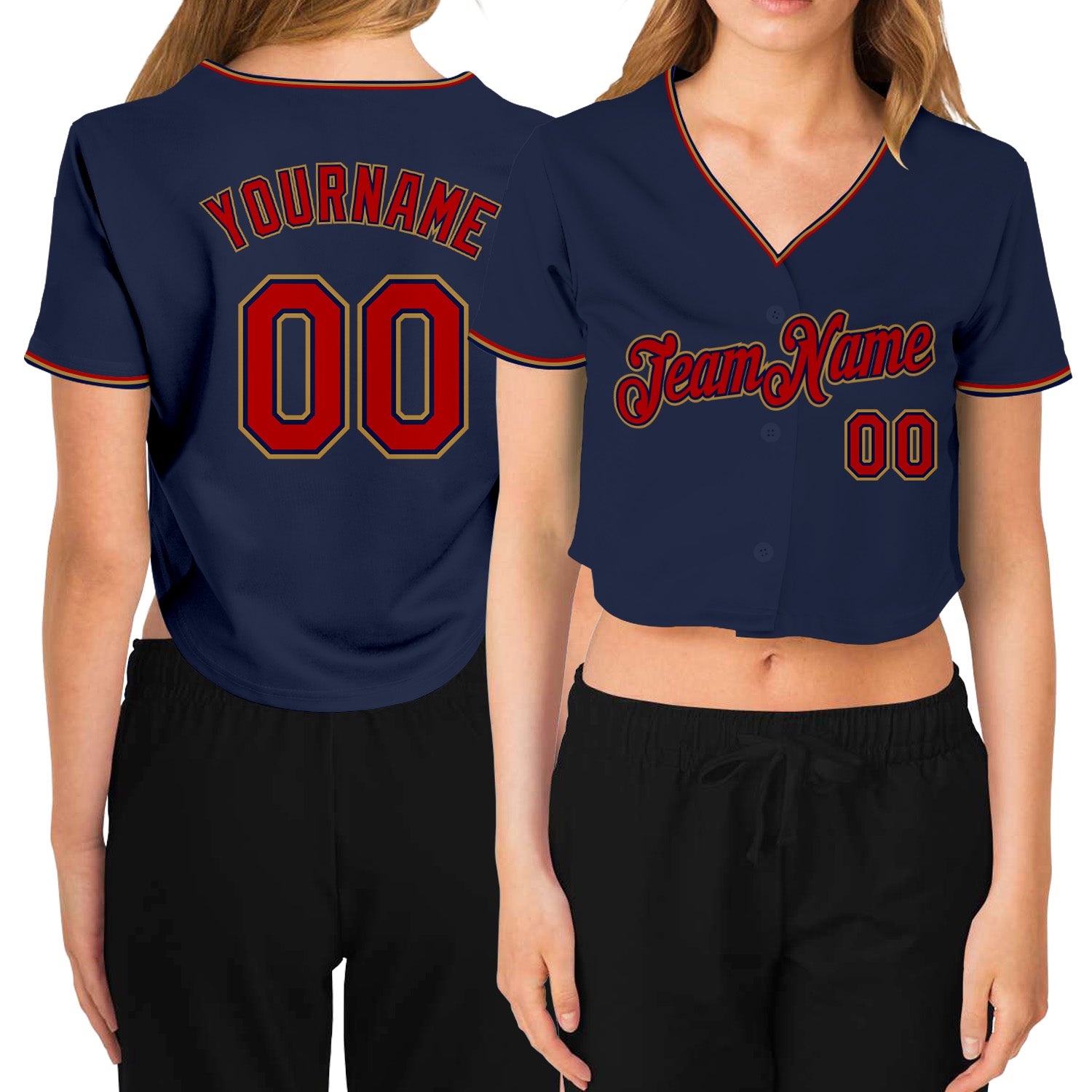 Custom Name and Number Womens Navy Red Gold V-Neck Cropped Baseball Jersey - Personalized Team Apparel Personalized Women's