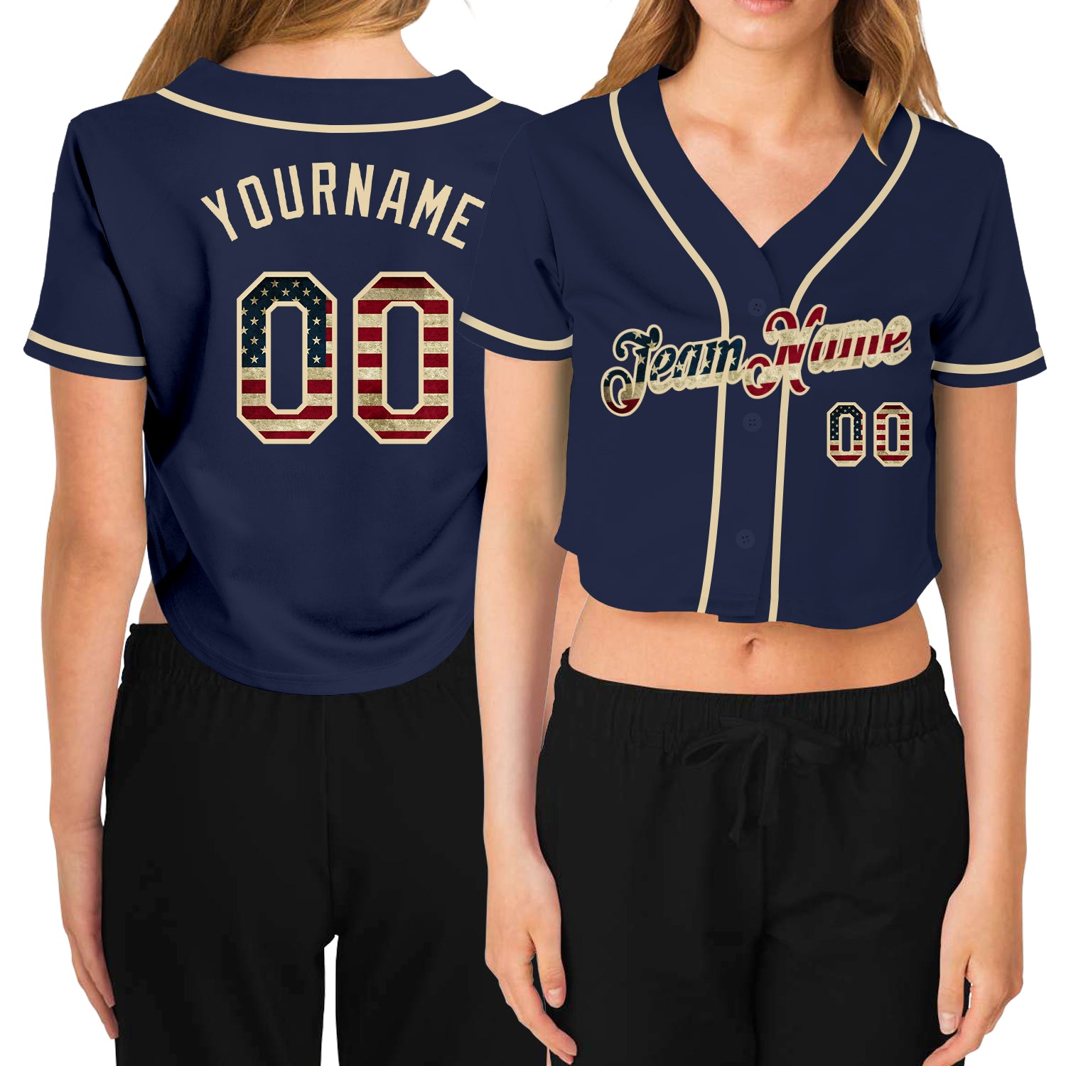 Custom Name and Number Womens Vintage USA Flag V-Neck Cropped Baseball Jersey - Navy Cream Personalized Women's Navy Vintage