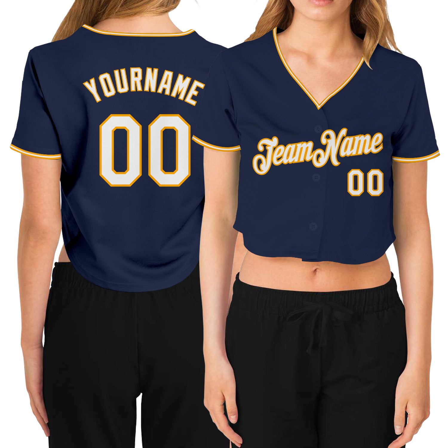 Custom Name and Number Womens V-Neck Cropped Baseball Jersey in Navy and White-Gold Personalized Women's Navy White-Gold