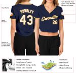 Custom Name and Number Womens V-Neck Cropped Baseball Jersey in Navy and White-Gold Personalized Women's Navy White-Gold