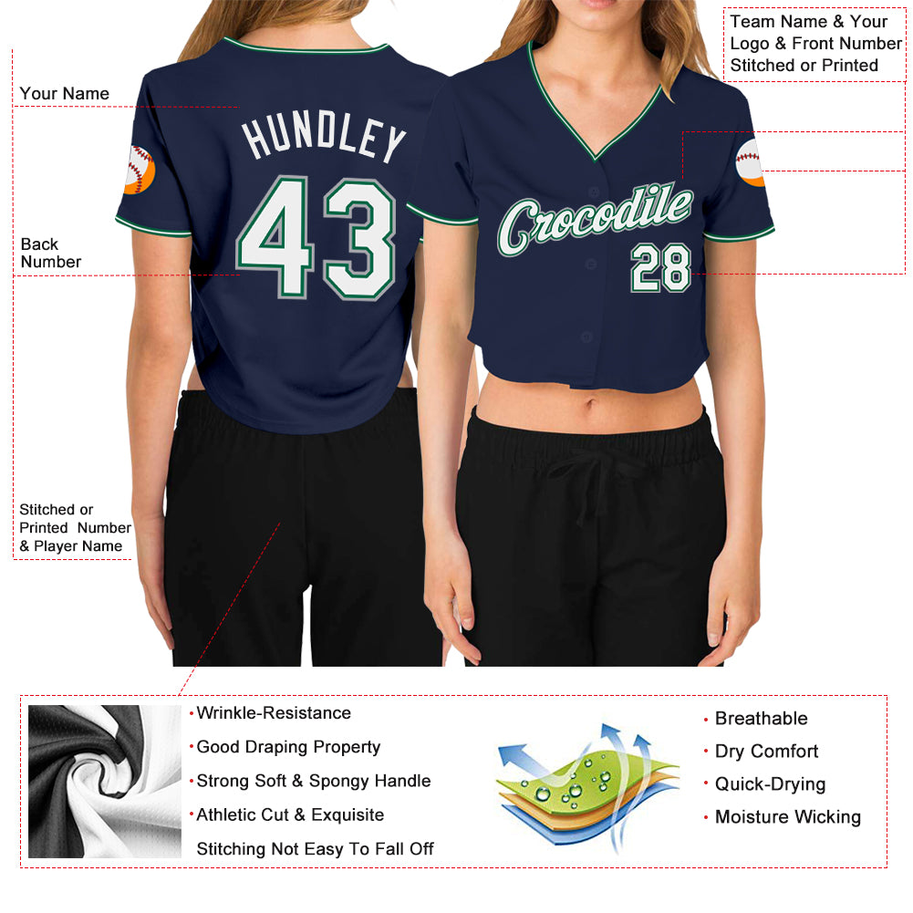 Personalized Women's Navy White Kelly Green-Gray V-Neck Cropped Baseball Jersey Team Custom Name and Number Custom Name Number Personalized Womens V-Neck Cropped Baseball Jersey - Navy White Kelly Green Gray Personalized Women's - Image 3