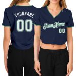 Custom Name Number Personalized Womens V-Neck Cropped Baseball Jersey - Navy White Kelly Green Gray Personalized Women's