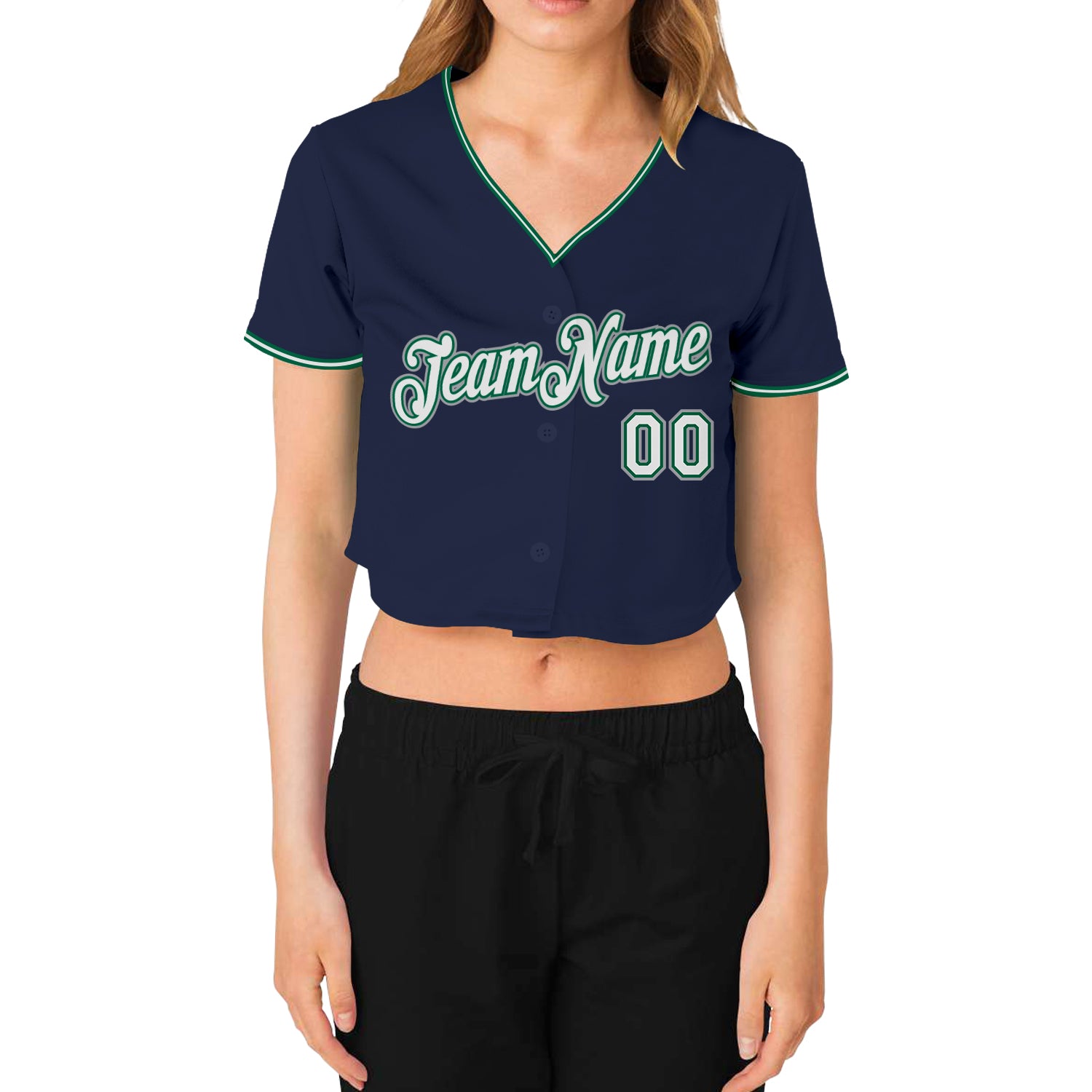 Personalized Women's Navy White Kelly Green-Gray V-Neck Cropped Baseball Jersey Team Custom Name and Number Custom Name Number Personalized Womens V-Neck Cropped Baseball Jersey - Navy White Kelly Green Gray Personalized Women's - Image 2