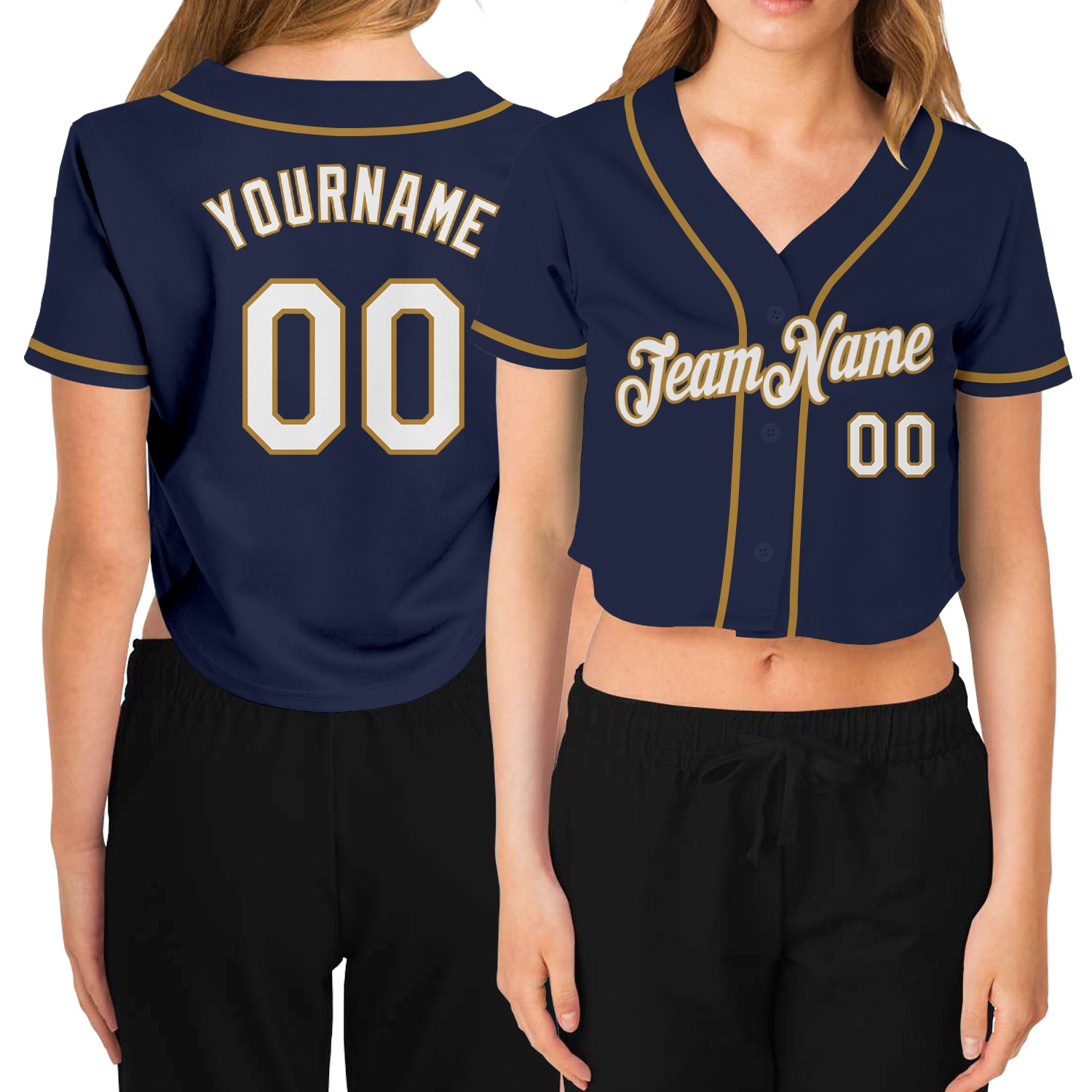 Custom Name Number V-Neck Cropped Baseball Jersey for Women - Navy White Old Gold Team Apparel Personalized Women's Navy