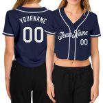 Custom Name and Number Personalized Womens Navy and White V-Neck Cropped Baseball Jersey Personalized Women's Navy White
