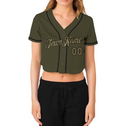 Personalized Womens Camo Baseball Jersey with Custom Name and Number, Olive Black V-Neck Cropped Style Personalized Women's