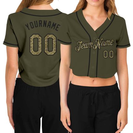 Personalized Womens Camo Baseball Jersey with Custom Name and Number, Olive Black V-Neck Cropped Style Personalized Women's