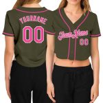 Custom Name Number Womens V-Neck Cropped Baseball Jersey - Personalized Olive Pink-White Salute To Service Design Personalized