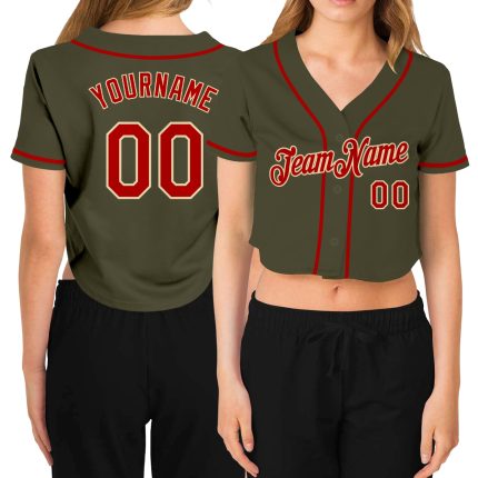 Personalized Womens V-Neck Cropped Baseball Jersey Salute to Service Custom Name and Number in Olive Red Cream Personalized