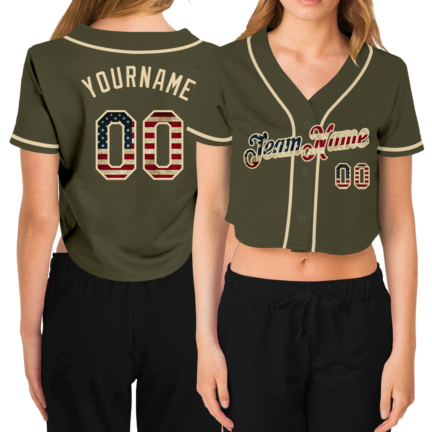Custom Womens Vintage USA Flag Cream V-Neck Cropped Baseball Jersey with Personalized Name and Number - Salute to Service