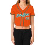 Custom Name and Number Womens Orange Aqua-White V-Neck Cropped Baseball Jersey Personalized Women's Orange Aqua-White V-Neck