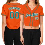 Custom Name and Number Womens Orange Aqua-White V-Neck Cropped Baseball Jersey Personalized Women's Orange Aqua-White V-Neck