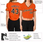 Custom Name and Number Womens V-Neck Cropped Baseball Jersey - Orange Black Old Gold White Personalized Women's Orange Black