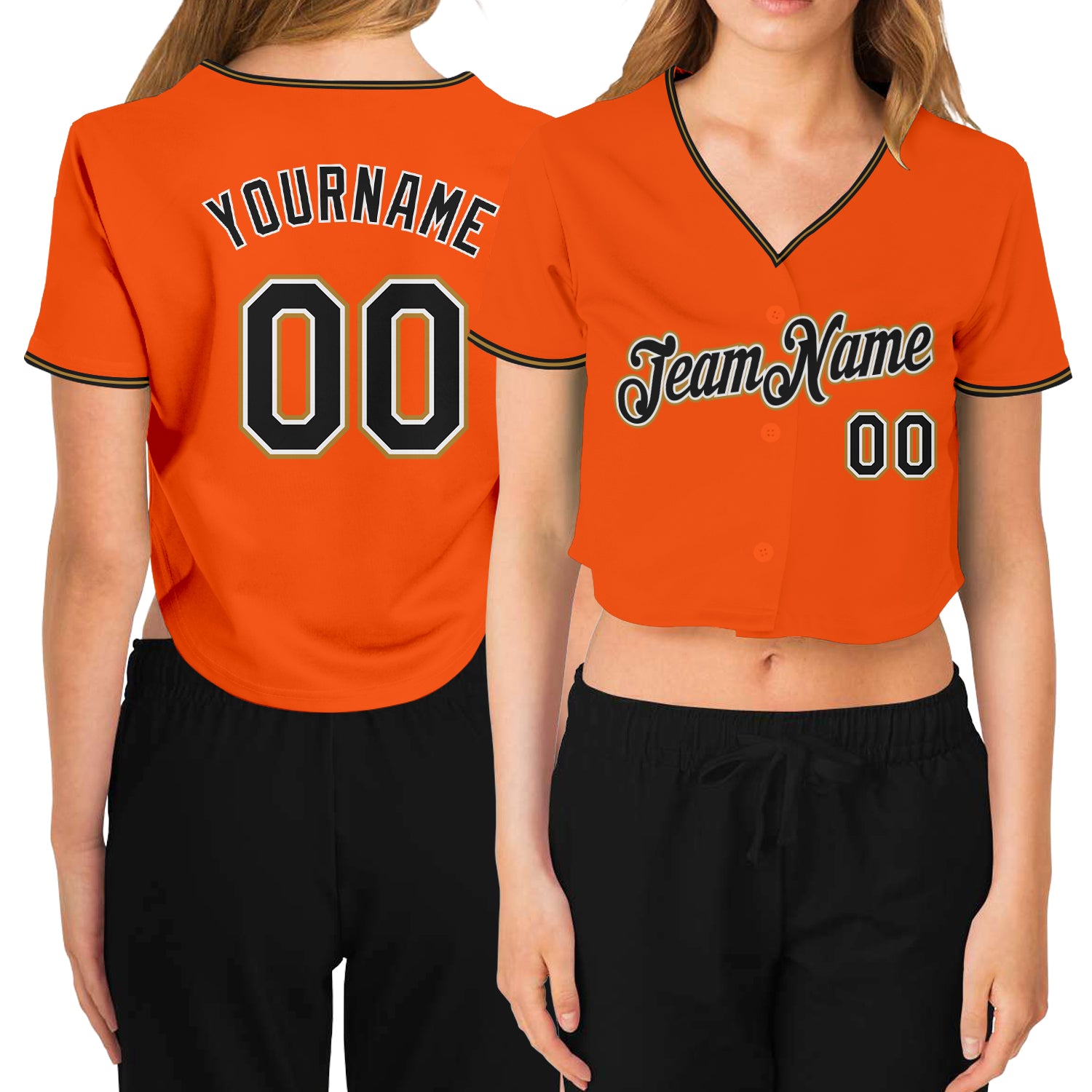 Custom Name and Number Womens V-Neck Cropped Baseball Jersey - Orange Black Old Gold White Personalized Women's Orange Black