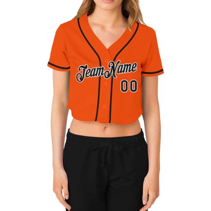 Custom Name Number Womens Orange Black-White V-Neck Cropped Baseball Jersey Personalized Women's Orange Black-White V-Neck