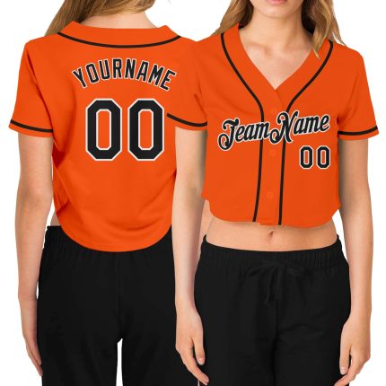 Custom Name Number Womens Orange Black-White V-Neck Cropped Baseball Jersey Personalized Women's Orange Black-White V-Neck