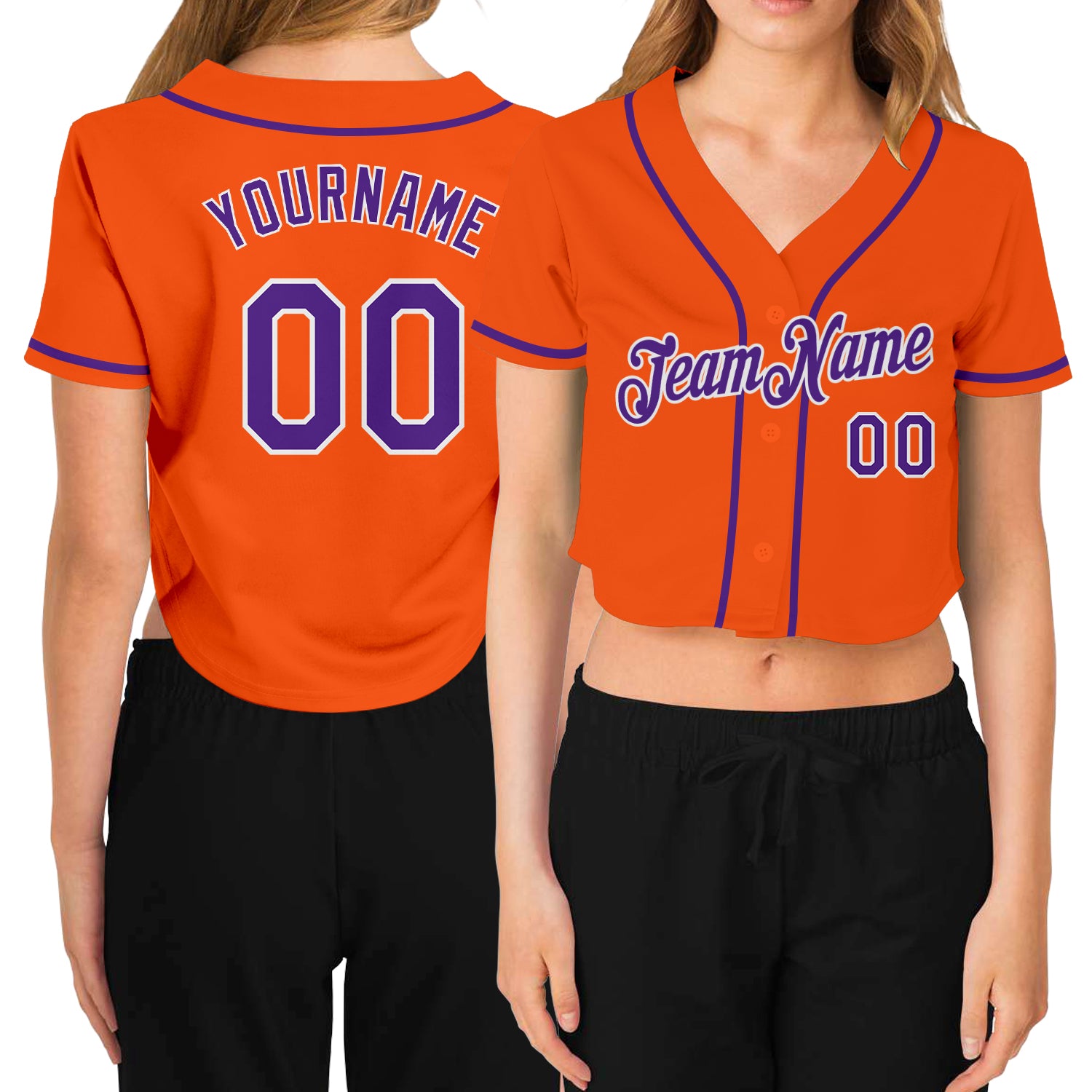Personalized Custom Name Number Womens V-Neck Cropped Baseball Jersey - Orange Purple White Team Gear Personalized Women's