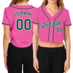 Custom Name and Number Personalized Womens V-Neck Cropped Baseball Jersey in Pink and Kelly Green Personalized Women's Pink