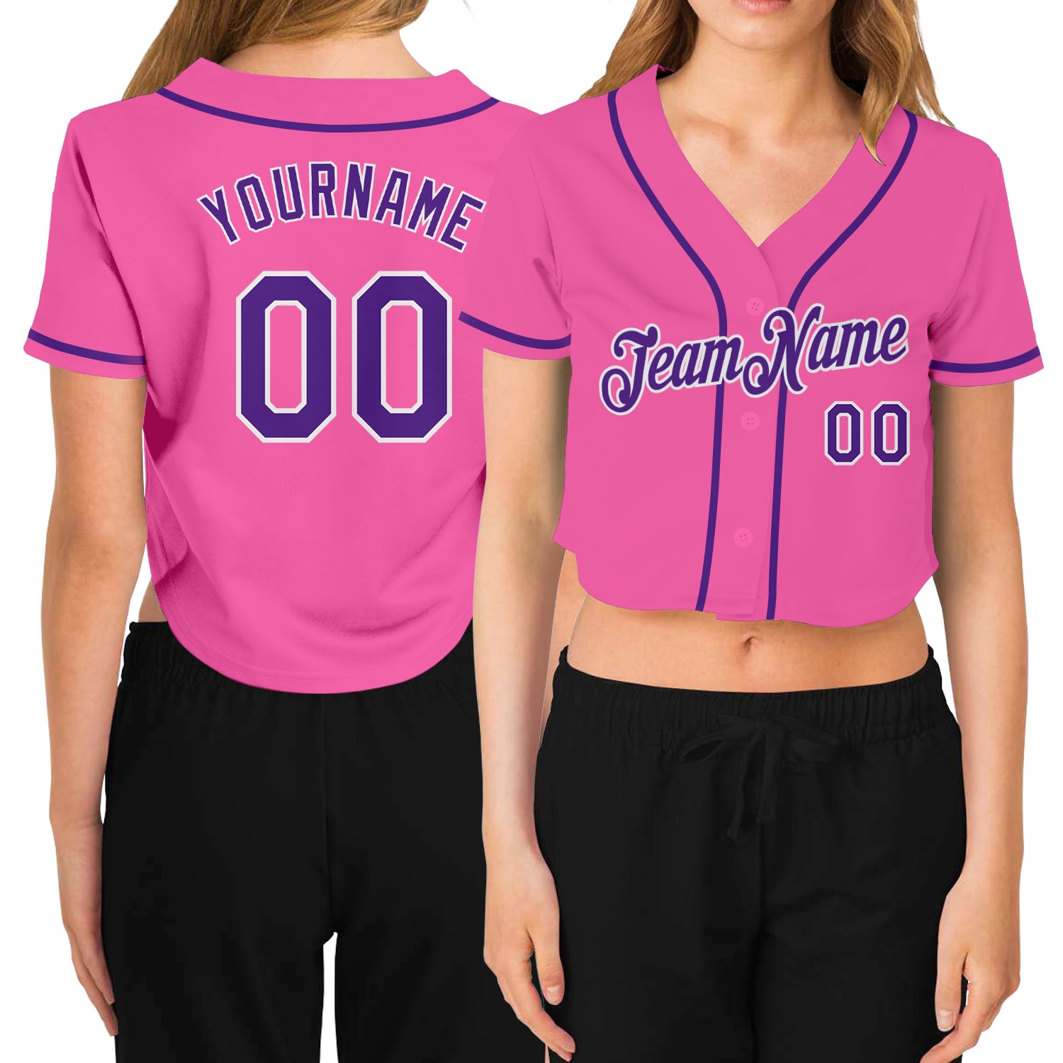 Custom Name and Number Womens V-Neck Cropped Baseball Jersey - Personalized Pink Purple White Design Personalized Women's