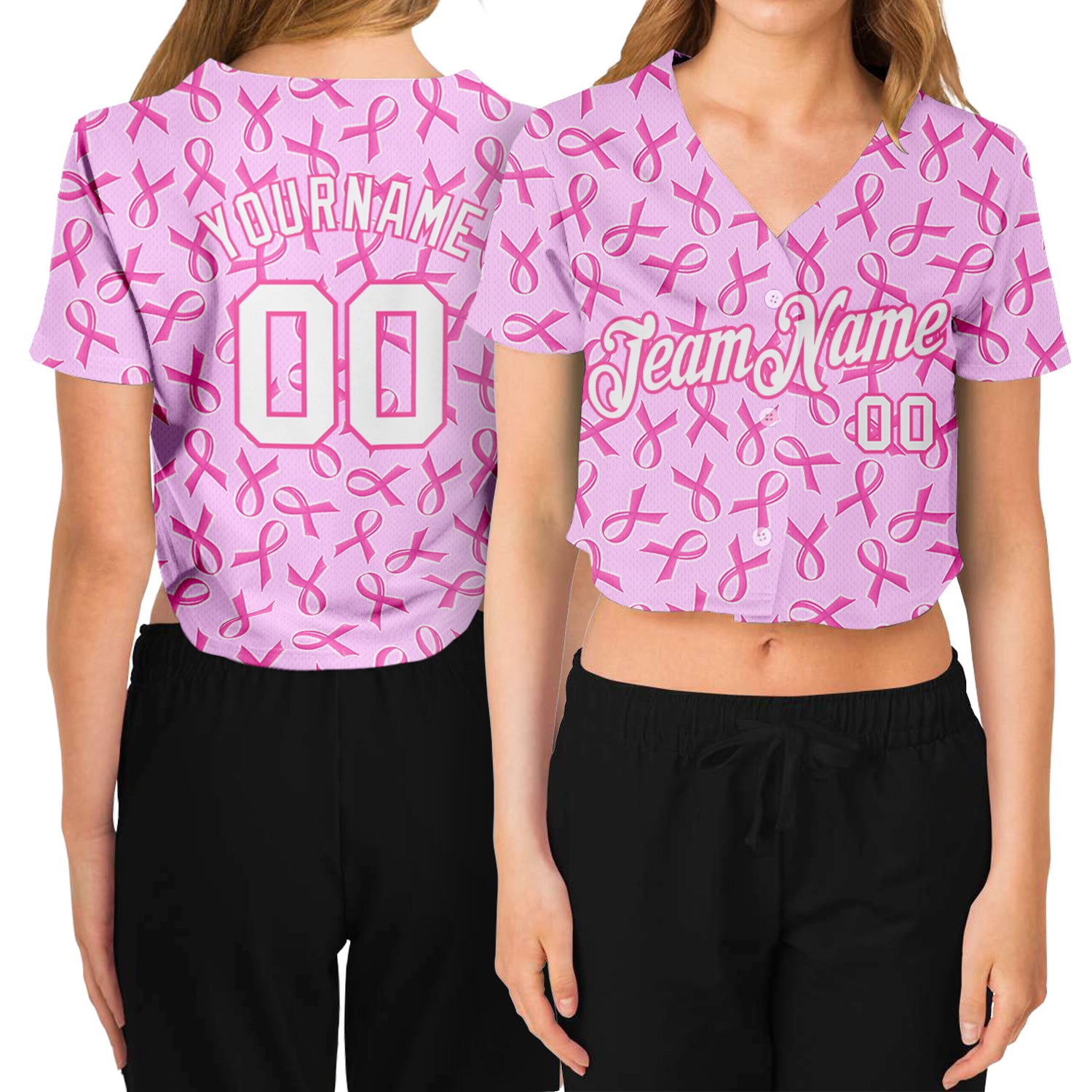 Custom Name Number Pink White Breast Cancer 3D V-Neck Cropped Baseball Jersey for Women Personalized Women's Pink White Breast