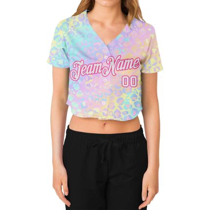 Personalized Womens 3D V-Neck Cropped Baseball Jersey, Pink White Leopard - Custom Name & Number Personalized Women's Pink