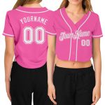 Custom Name Number Womens Pink White V-Neck Cropped Baseball Jersey Personalized Women's Pink White V-Neck Cropped Baseball