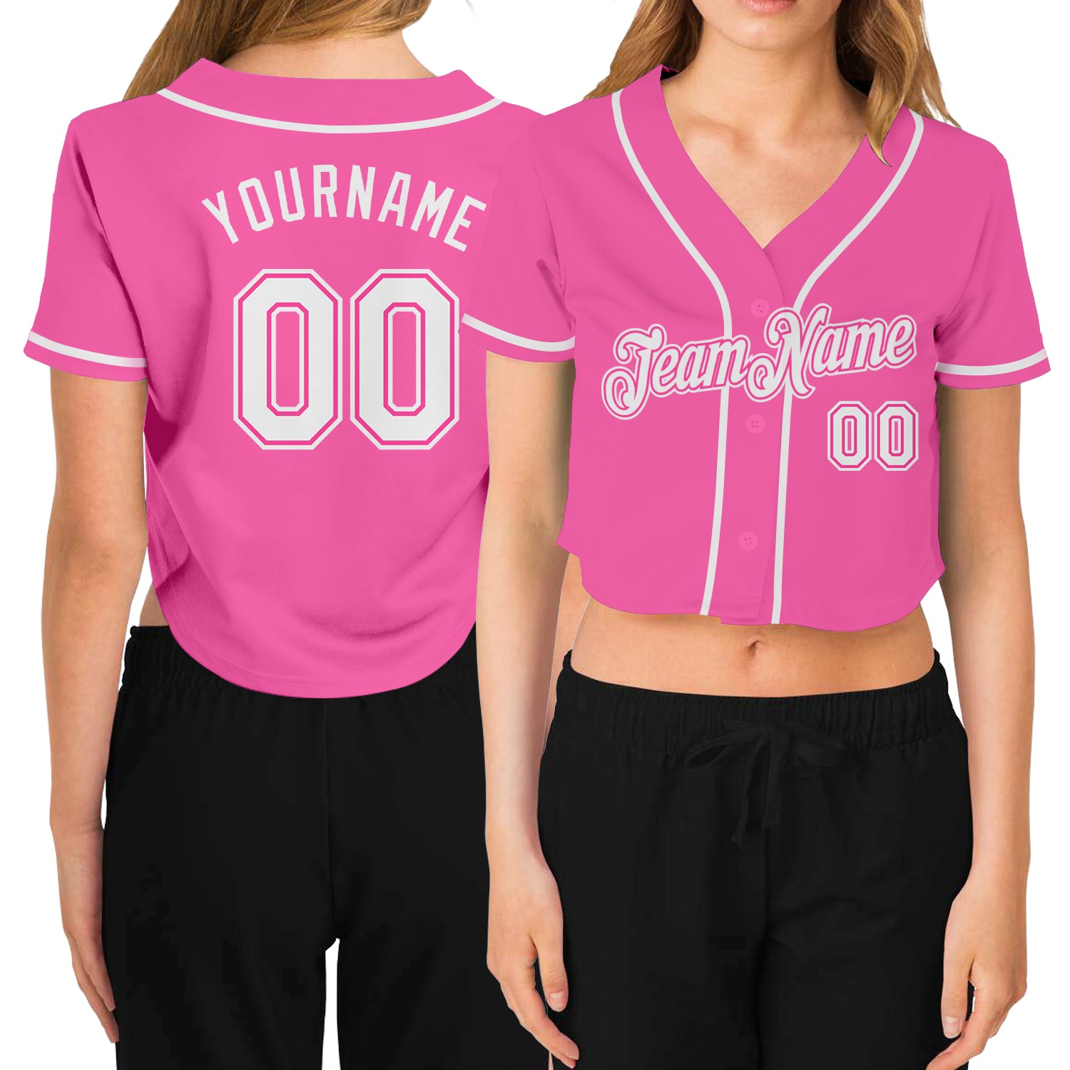Custom Name Number Womens Pink White V-Neck Cropped Baseball Jersey Personalized Women's Pink White V-Neck Cropped Baseball