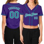 Custom Name Number Womens Purple Aqua White V-Neck Cropped Baseball Jersey Personalized Women's Purple Aqua-White V-Neck