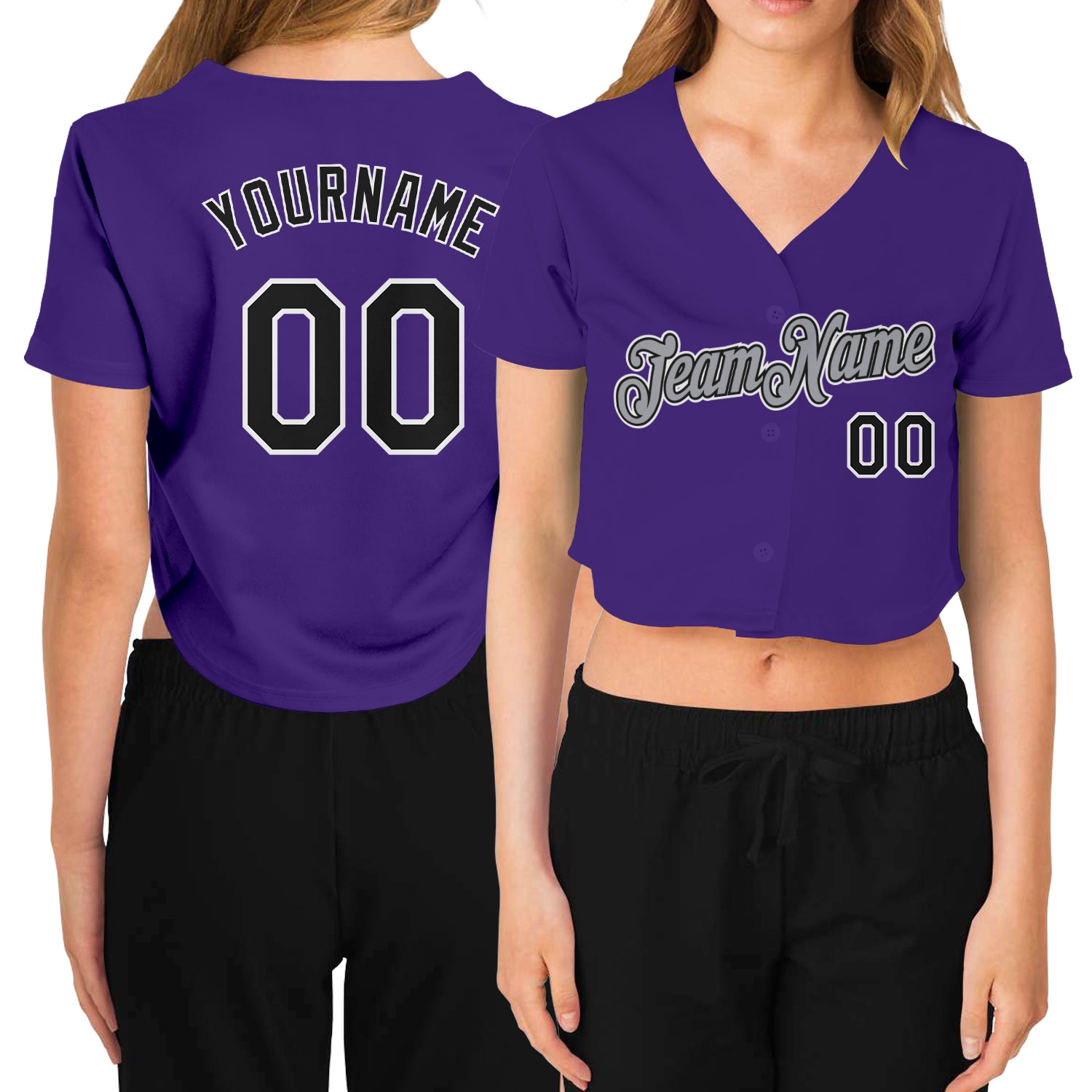 Custom Name and Number Womens V-Neck Cropped Baseball Jersey in Purple, Black, White, Gray Personalized Women's Purple Black