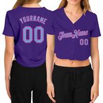 Custom Name and Number Womens Purple Light Blue-Pink V-Neck Cropped Baseball Jersey Personalized Women's Purple Light Blue-Pink