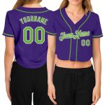 Custom Name Number Womens Purple Neon Green V-Neck Cropped Baseball Jersey Personalized Women's Purple Neon Green-White V-Neck