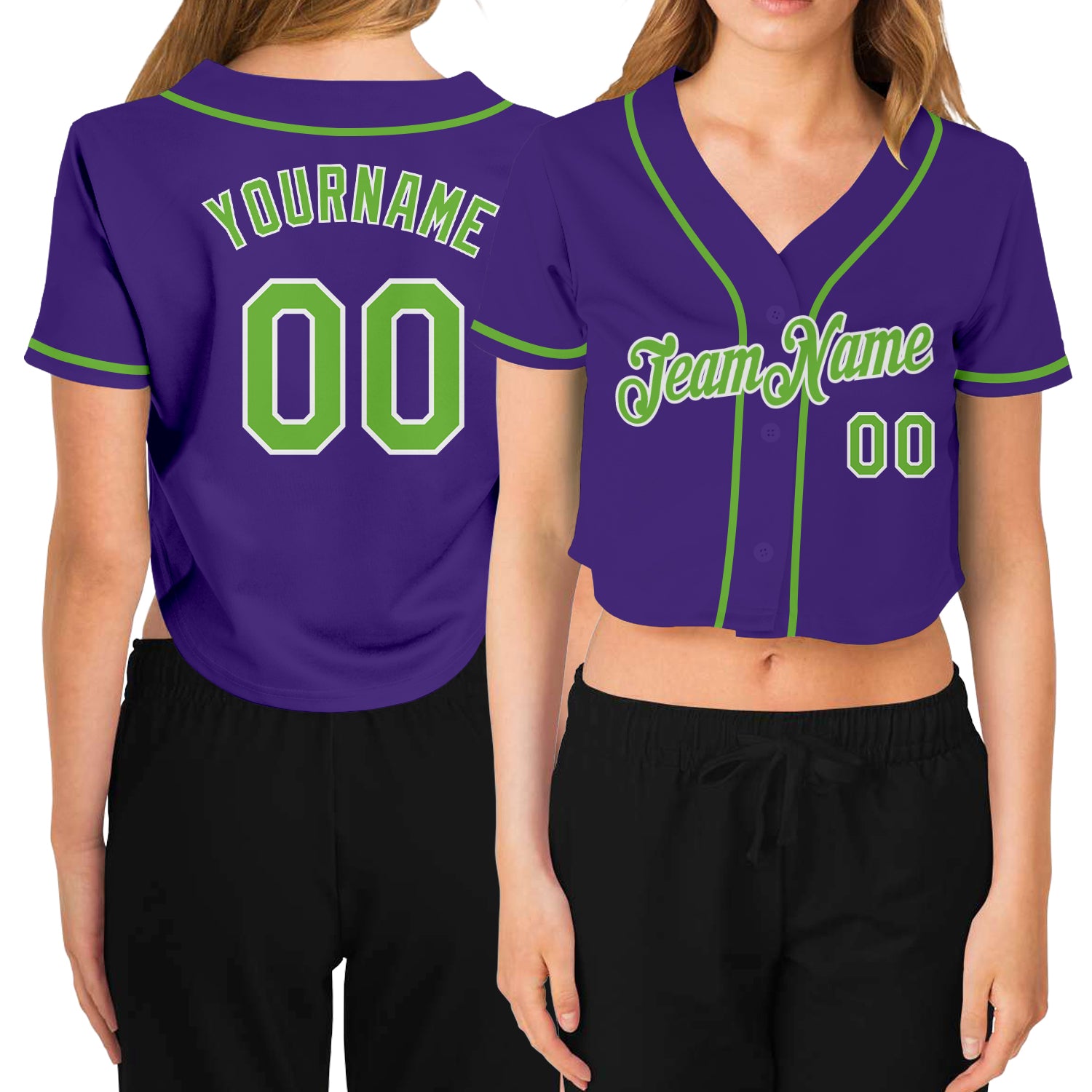 Custom Name Number Womens Purple Neon Green V-Neck Cropped Baseball Jersey Personalized Women's Purple Neon Green-White V-Neck