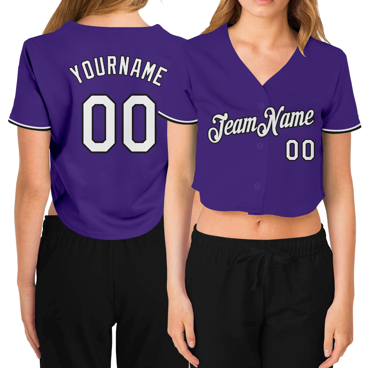 Custom Name Number Womens Purple Black V-Neck Cropped Baseball Jersey Personalized Women's Purple White-Black V-Neck Cropped
