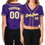 Custom Name Number Womens Baseball Jersey Purple White Gold V-Neck Cropped Personalized Women's Purple White-Gold V-Neck
