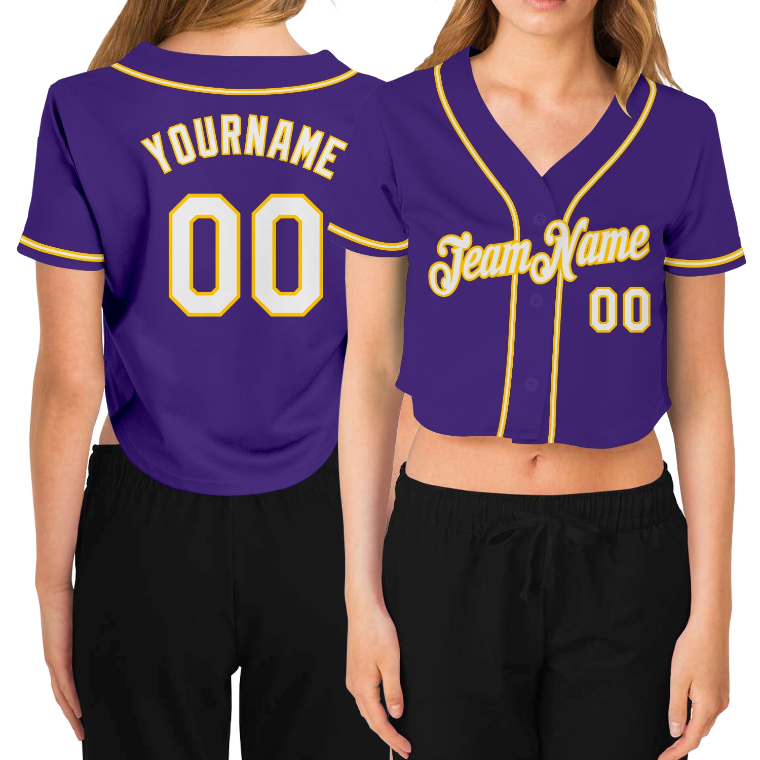 Custom Name Number Womens Baseball Jersey Purple White Gold V-Neck Cropped Personalized Women's Purple White-Gold V-Neck