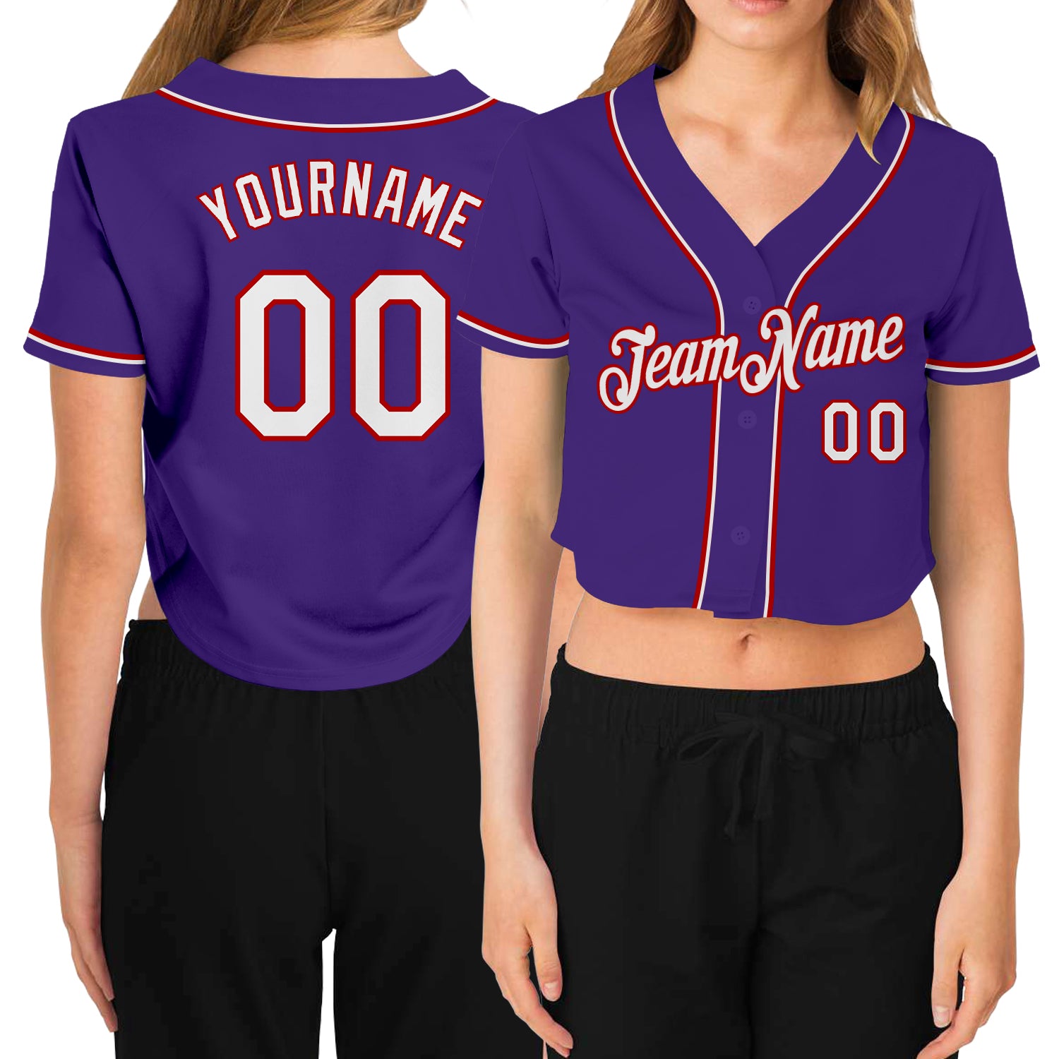 Custom Womens V-Neck Purple White-Red Cropped Baseball Jersey with Personalized Name and Number Personalized Women's Purple