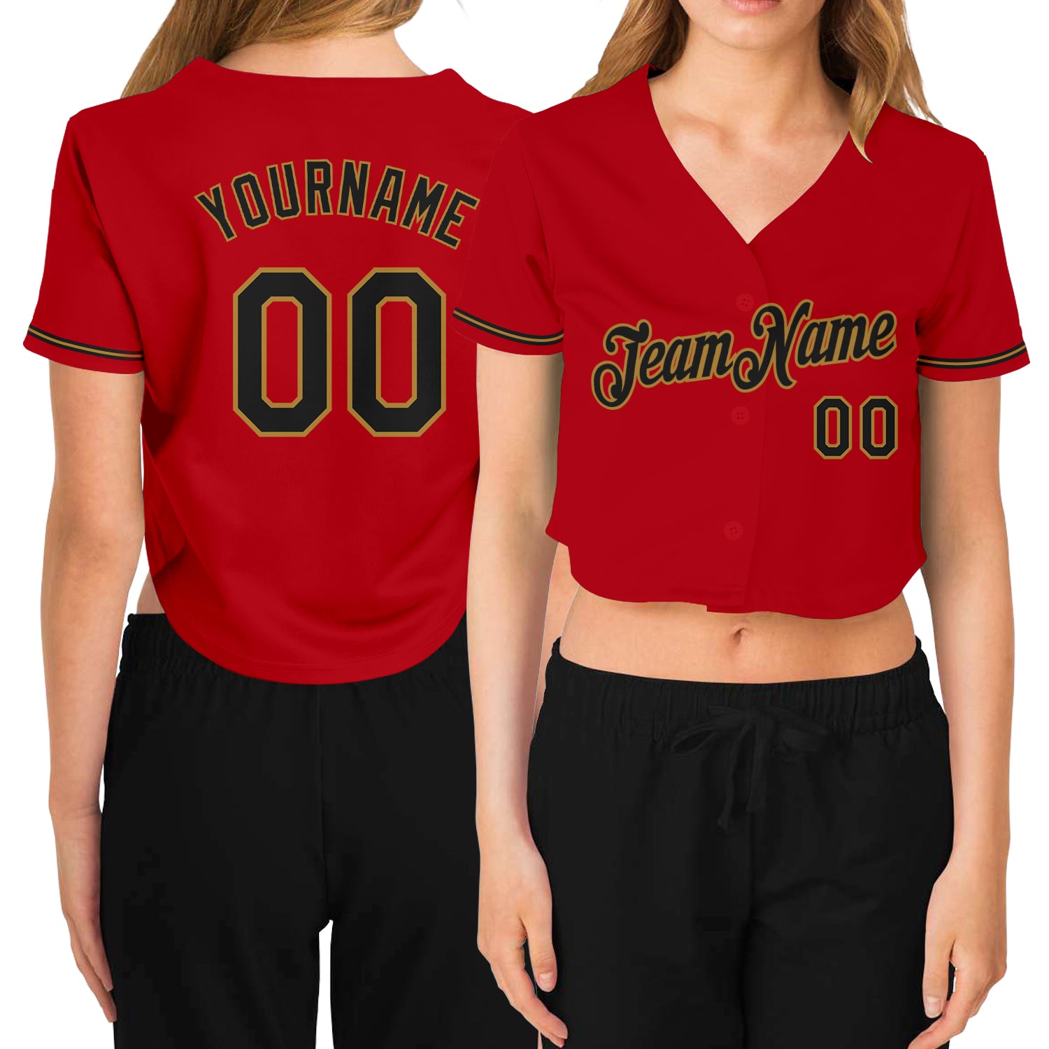 Custom Name Number V-Neck Cropped Baseball Jersey for Women - Red Black Old Gold Team Apparel Personalized Women's Red Black-Old