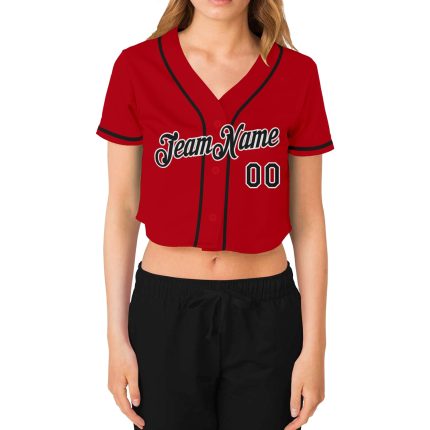 Custom Name Number Womens Red Black White V-Neck Cropped Baseball Jersey Personalized Women's Red Black-White V-Neck Cropped