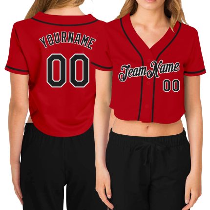 Custom Name Number Womens Red Black White V-Neck Cropped Baseball Jersey Personalized Women's Red Black-White V-Neck Cropped