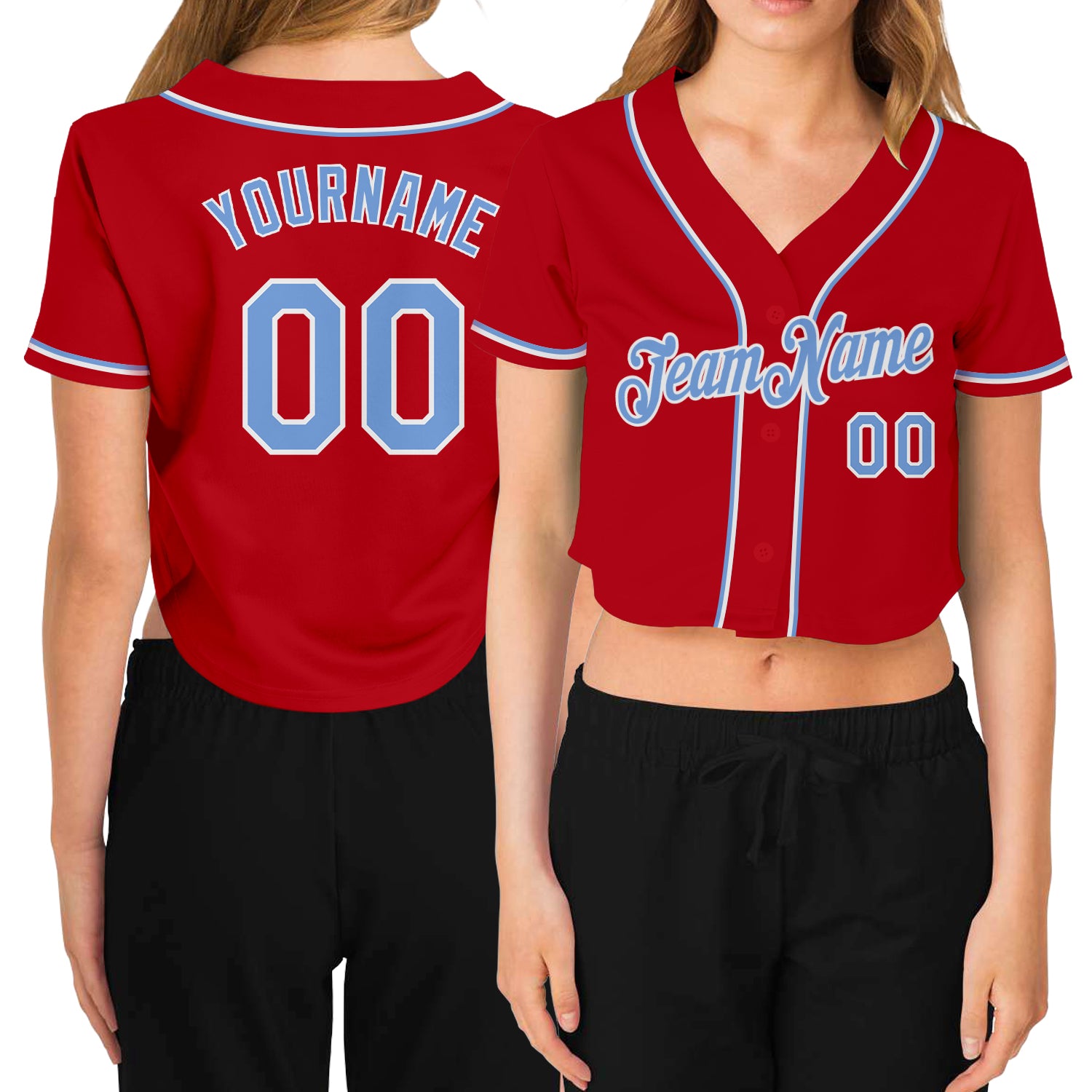 Custom Name Number Womens V-Neck Cropped Baseball Jersey Red Light Blue-White Personalized Team Apparel Personalized Women's