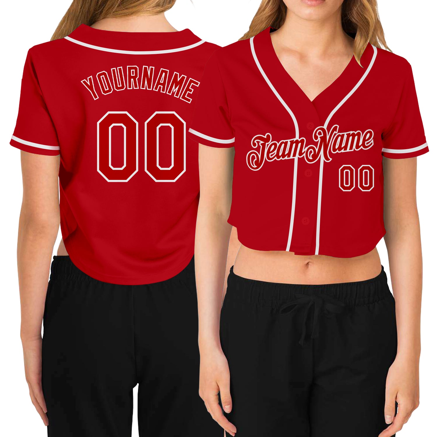 Custom Name Number Womens V-Neck Cropped Baseball Jersey Red White Team Personalized Women's Red Red-White V-Neck Cropped