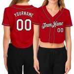 Custom Team Name and Number Womens Red White Black V-Neck Cropped Baseball Jersey Personalized Women's Red White-Black V-Neck