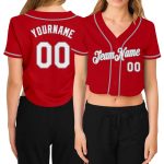 Custom Name Number Womens Baseball Jersey V-Neck Cropped Red White Gray Personalized Women's Red White-Gray V-Neck Cropped