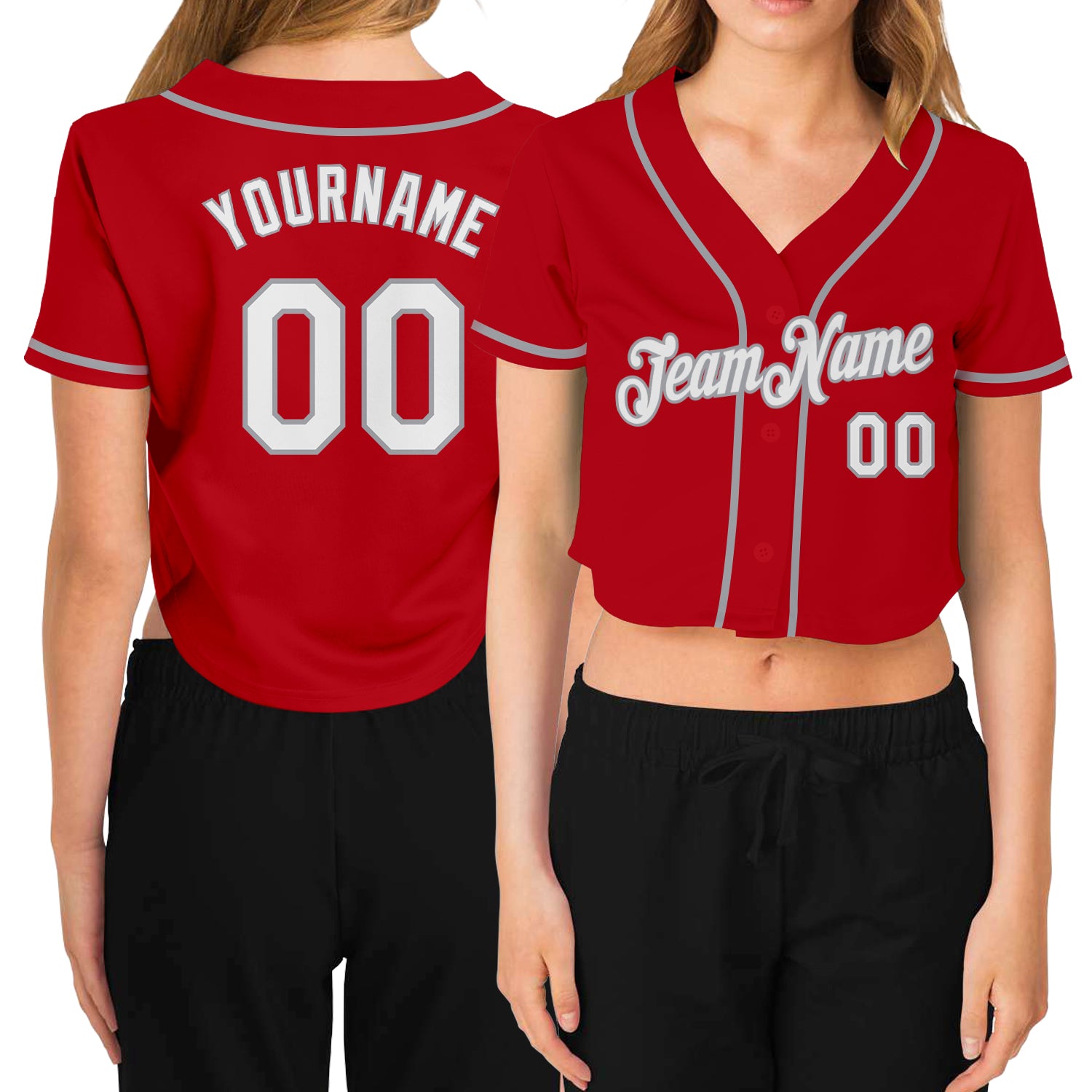 Custom Name Number Womens Baseball Jersey V-Neck Cropped Red White Gray Personalized Women's Red White-Gray V-Neck Cropped