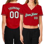 Custom Womens Baseball Jersey V-Neck Cropped Personalized Team Red Green Name & Number Personalized Women's Red White-Kelly