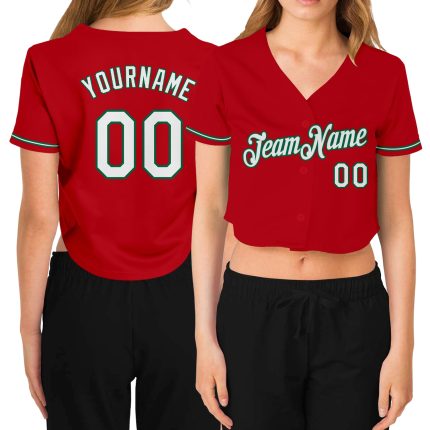 Custom Womens Baseball Jersey V-Neck Cropped Personalized Team Red Green Name & Number Personalized Women's Red White-Kelly