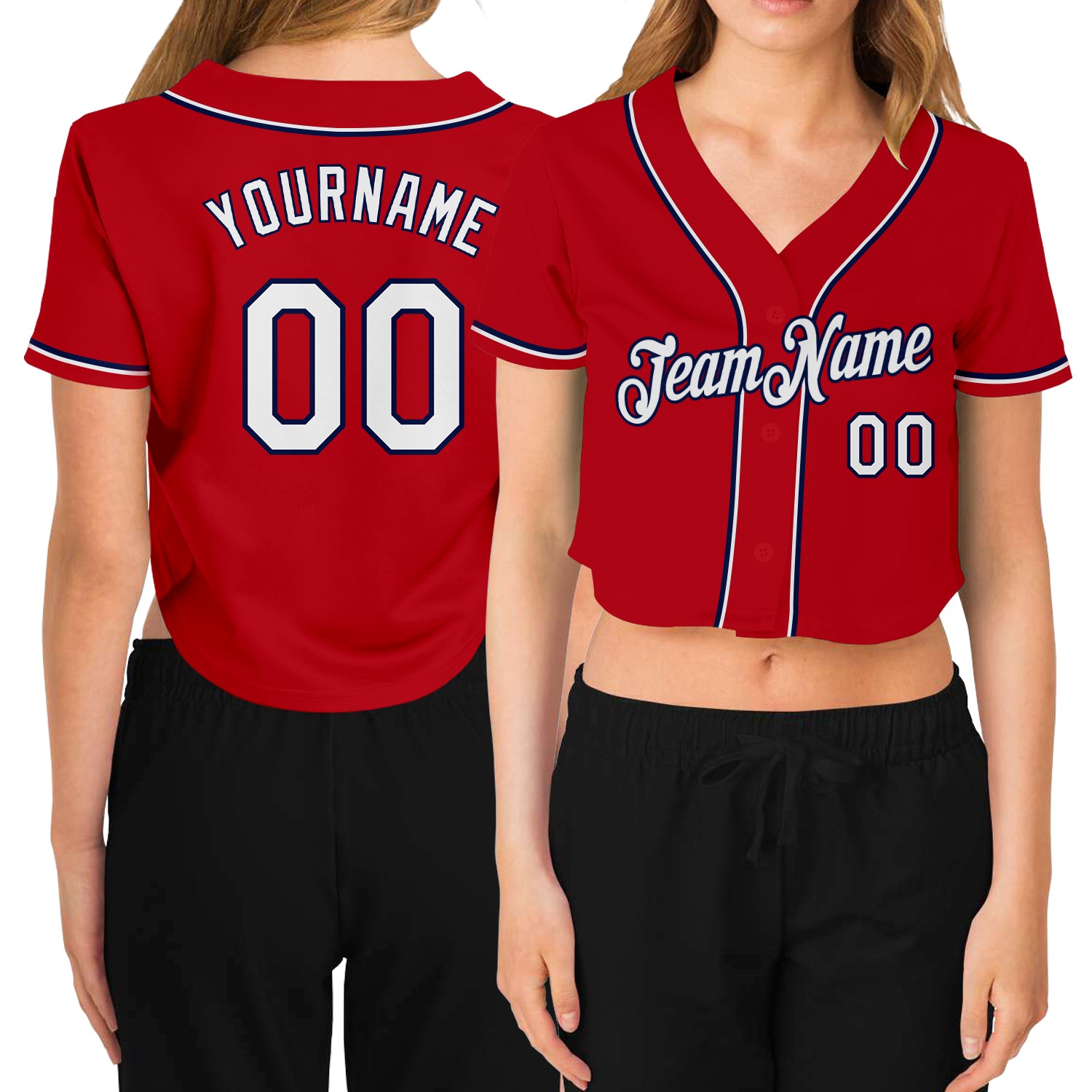 Custom Name Number Personalized Womens Baseball Jersey Red White Navy V-Neck Cropped Design Personalized Women's Red White-Navy