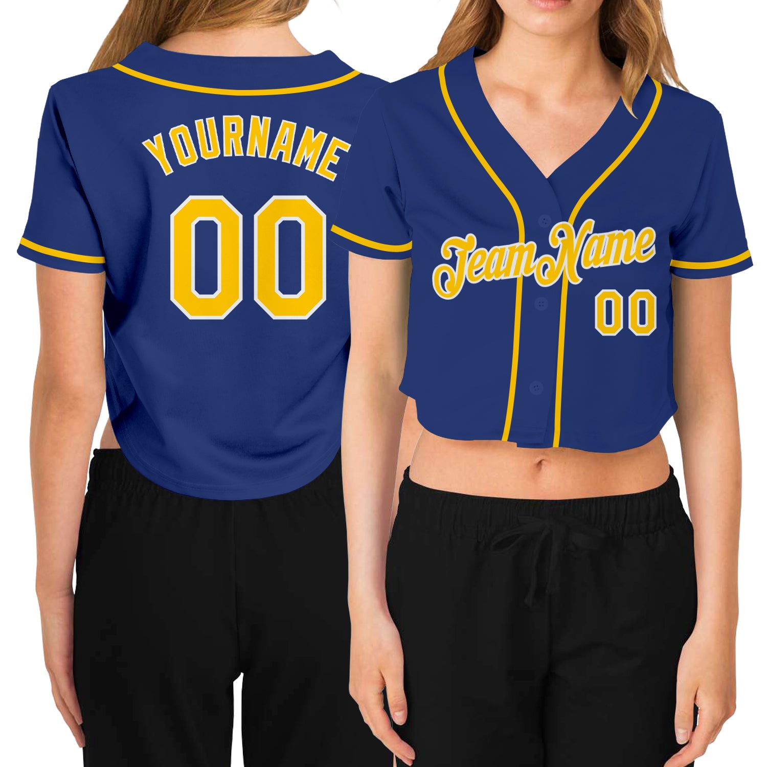 Custom Name Number Womens Cropped V-Neck Baseball Jersey Royal Gold White Personalized Women's Royal Gold-White V-Neck Cropped