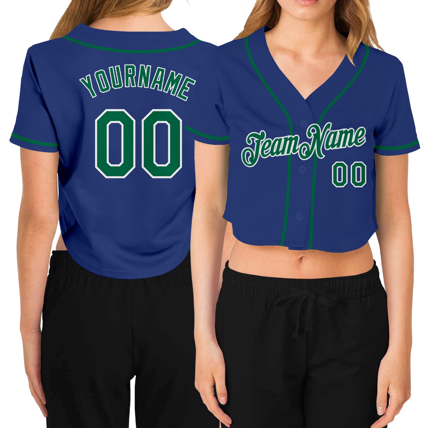 Custom Womens V-Neck Cropped Baseball Jersey - Personalized Royal Kelly Green-White with Team Name and Number Personalized